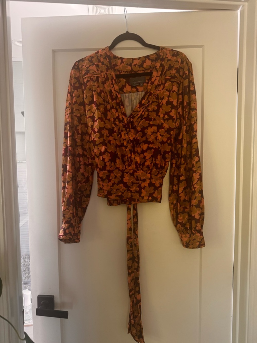 Anthropologie Rust Floral Wrap Blouse with Tie Waist